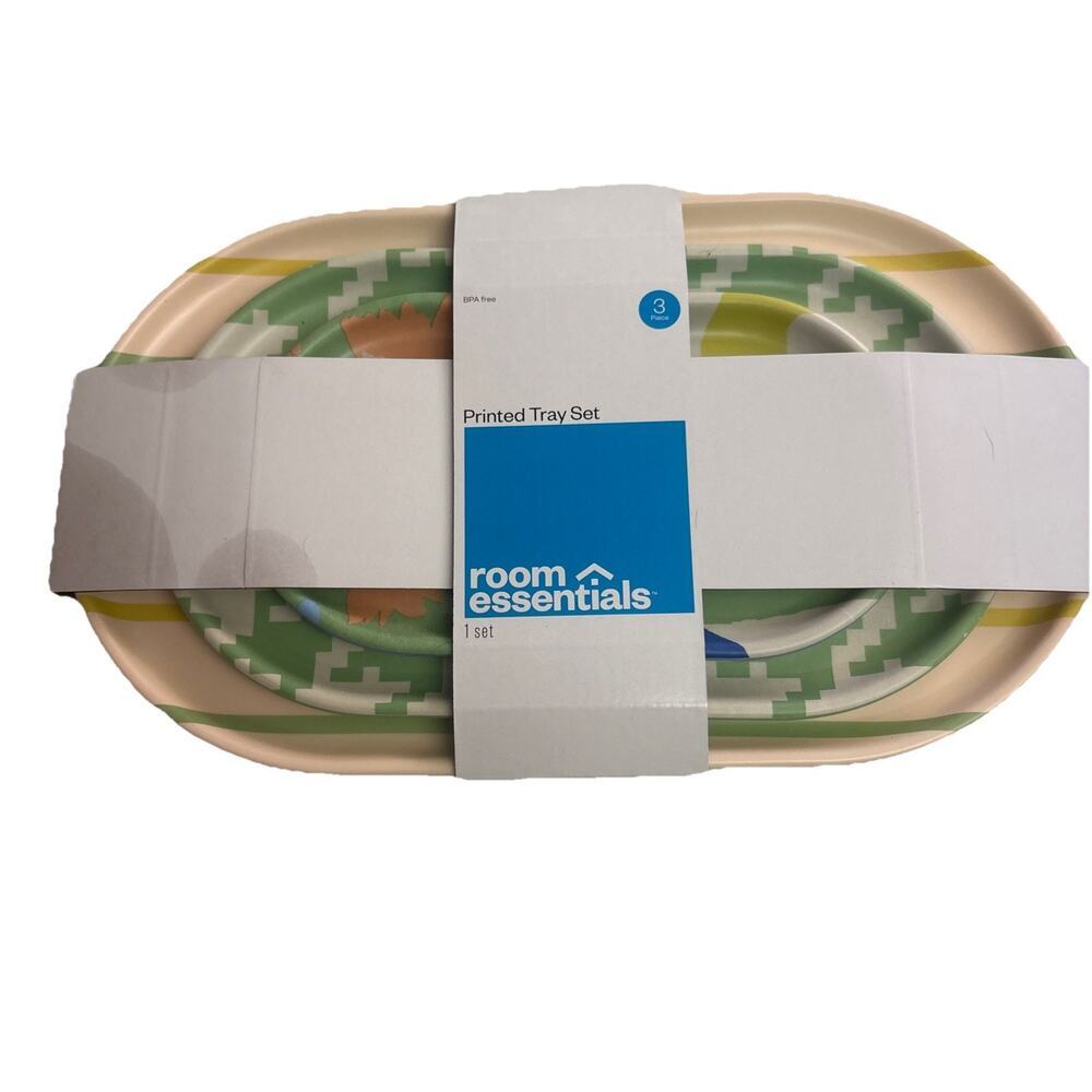 Room Essentials 3 Piece Printed Tray Set Melamine Bamboo Colorful 2 Sets
